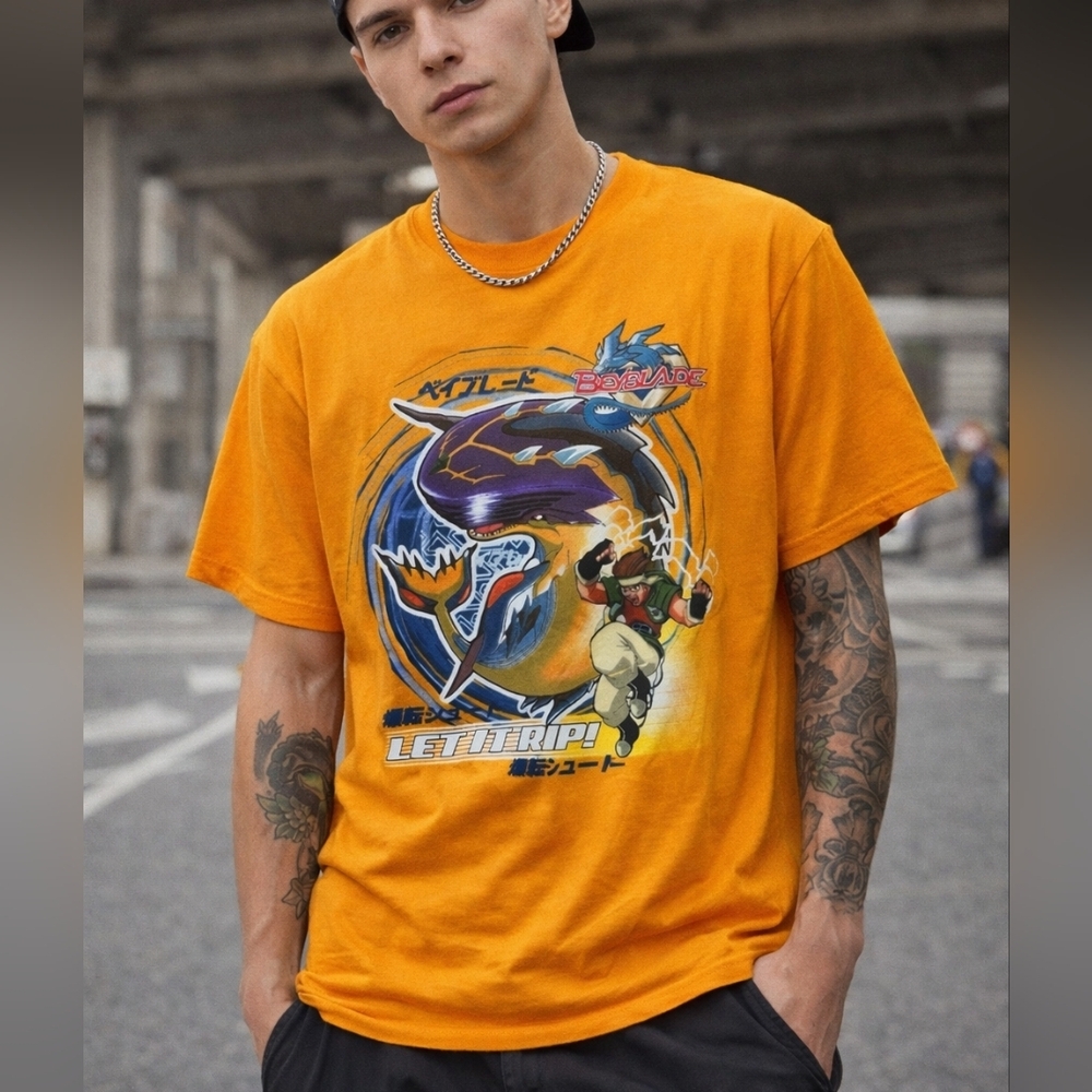 Vintage Beyblade Anime Graphic T-Shirt Size L Orange Let It Rip Tee Y2K Cartoon